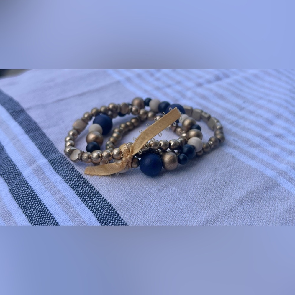 Artisan Boho Gold Tone Lapis Wood Beaded Stretch Bracelet Set Handcrafted - Picture 4 of 6